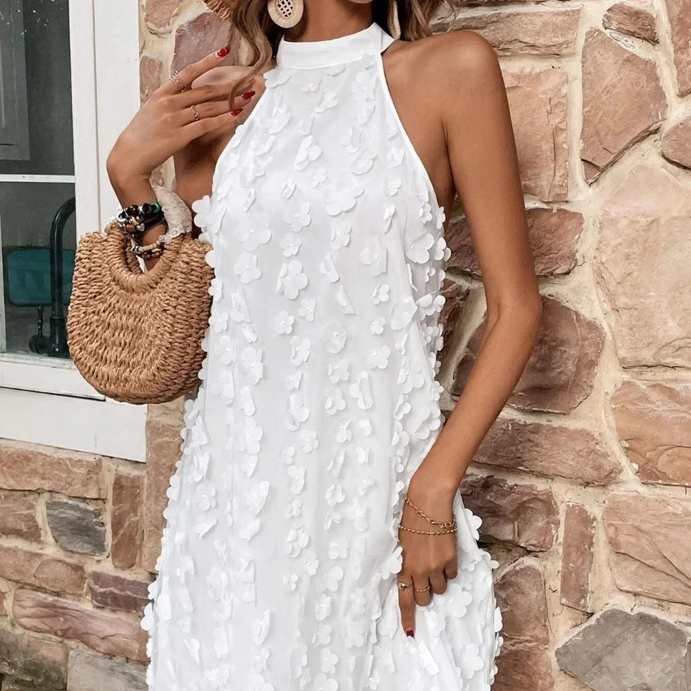 White Boho Womens Appliques Detail Halter Neck Dress - Picture 4 of 5